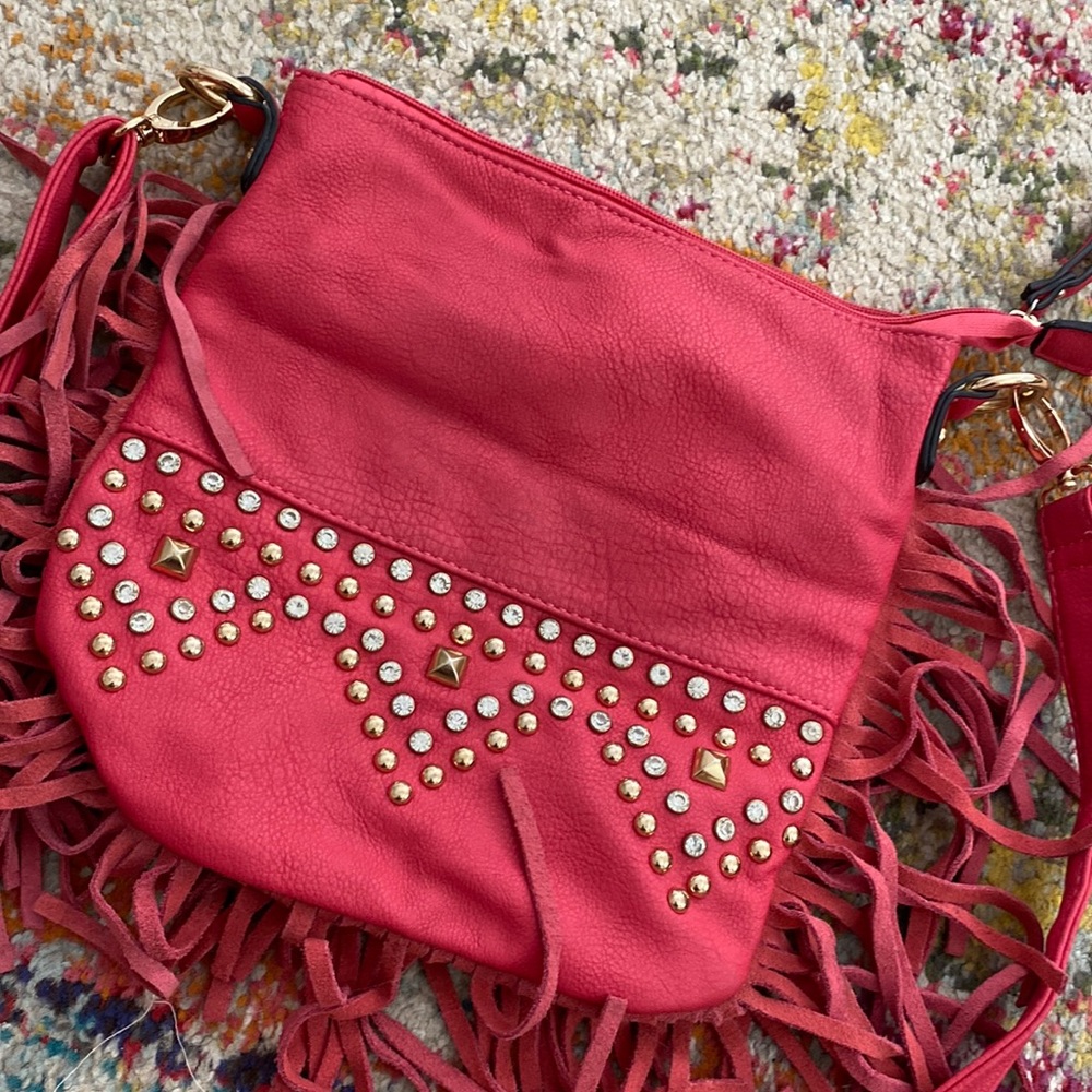 Pink Raspberry Fringe Rhinestone Purse Crossbody 10”x10”